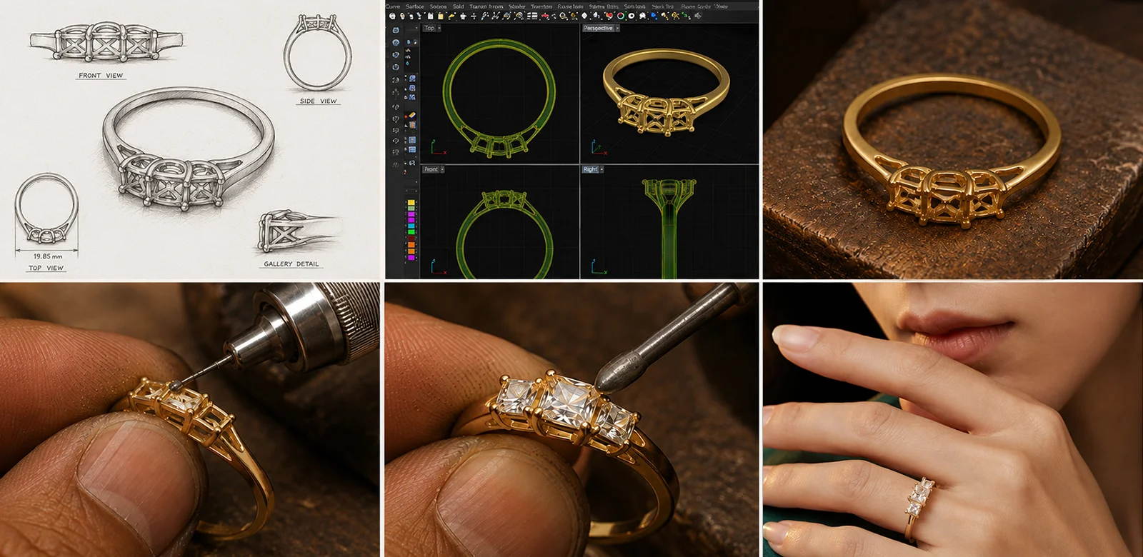 Three Stone Ring Design Process From Sketch And CAD Model To Manufacturing, Stone Setting, And Finished Diamond Ring