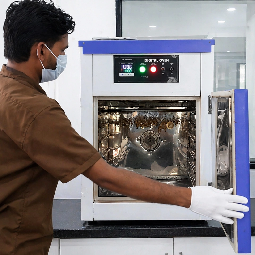 Jewelry artisan operating a laboratory digital oven