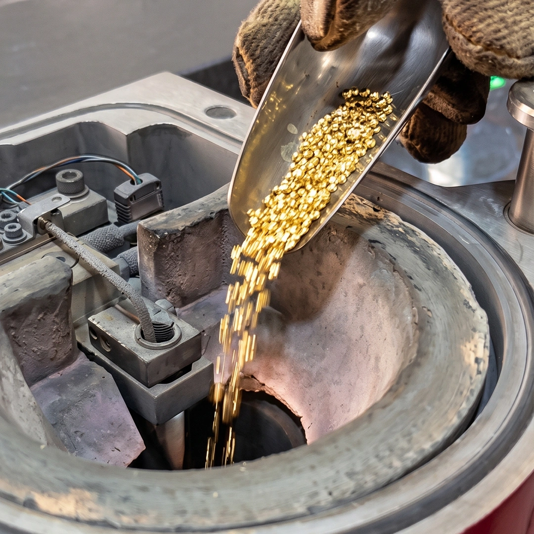 Pouring gold casting grain into a melting furnace
