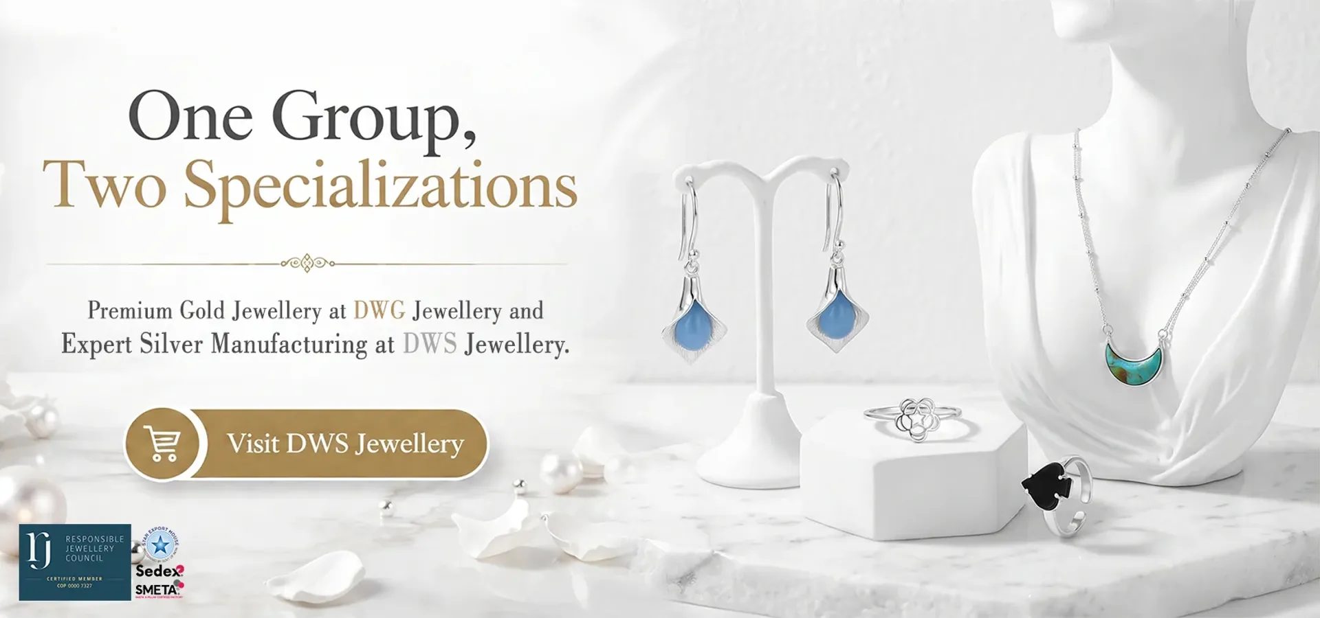 One Group, Two Specializations: Premium Gold Jewellery at DWG Jewellery and Expert Silver Manufacturing at DWS Jewellery.