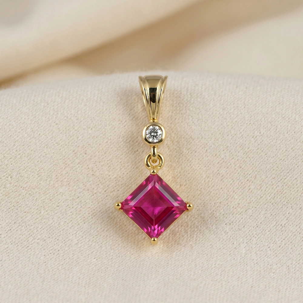 Lab Grown Diamond Hot Pink Tourmaline Yellow Gold Charm Lab Grown Diamond Hot Pink Tourmaline Yellow Gold Charm