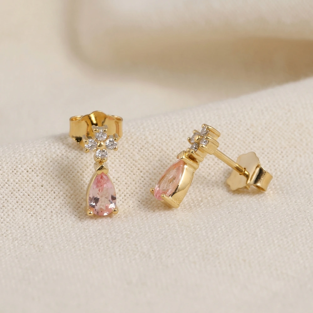 Gold Studs with Lab Grown Diamond, Padparadscha Sapphire Gold Studs with Lab Grown Diamond, Padparadscha Sapphire