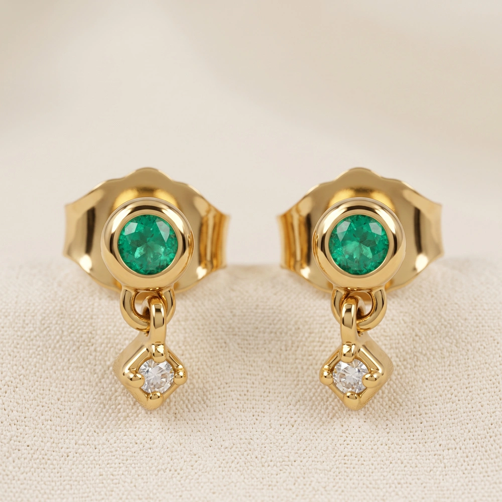 9Kt Gold Earrings with Lab Grown Diamond, Columbia Emerald 9Kt Gold Earrings with Lab Grown Diamond, Columbia Emerald