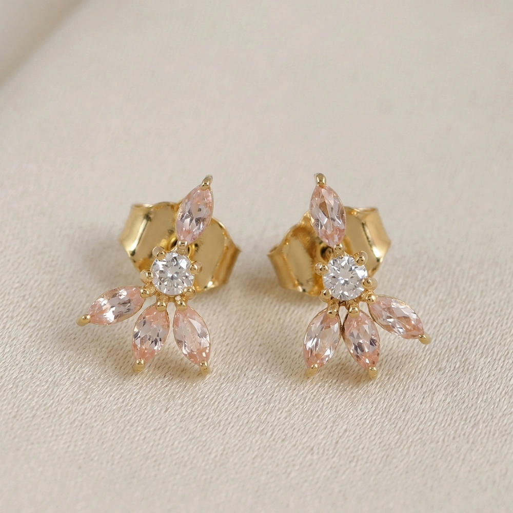 9Kt Gold Studs with Lab Grown Padparadscha Sapphire, Diamond 9Kt Gold Studs with Lab Grown Padparadscha Sapphire, Diamond