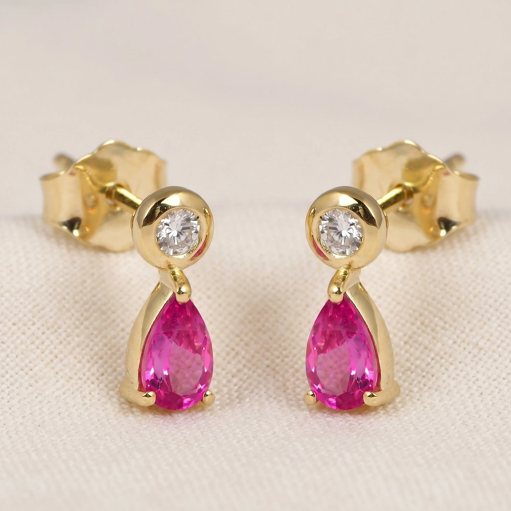9Kt Gold Earrings with Lab Grown Diamond, Pink Tourmaline 9Kt Gold Earrings with Lab Grown Diamond, Pink Tourmaline