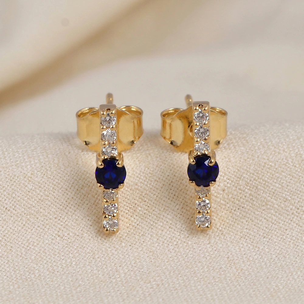 9Kt Gold Earrings with Lab Grown Diamond, Royal Blue Sapphire 9Kt Gold Earrings with Lab Grown Diamond, Royal Blue Sapphire