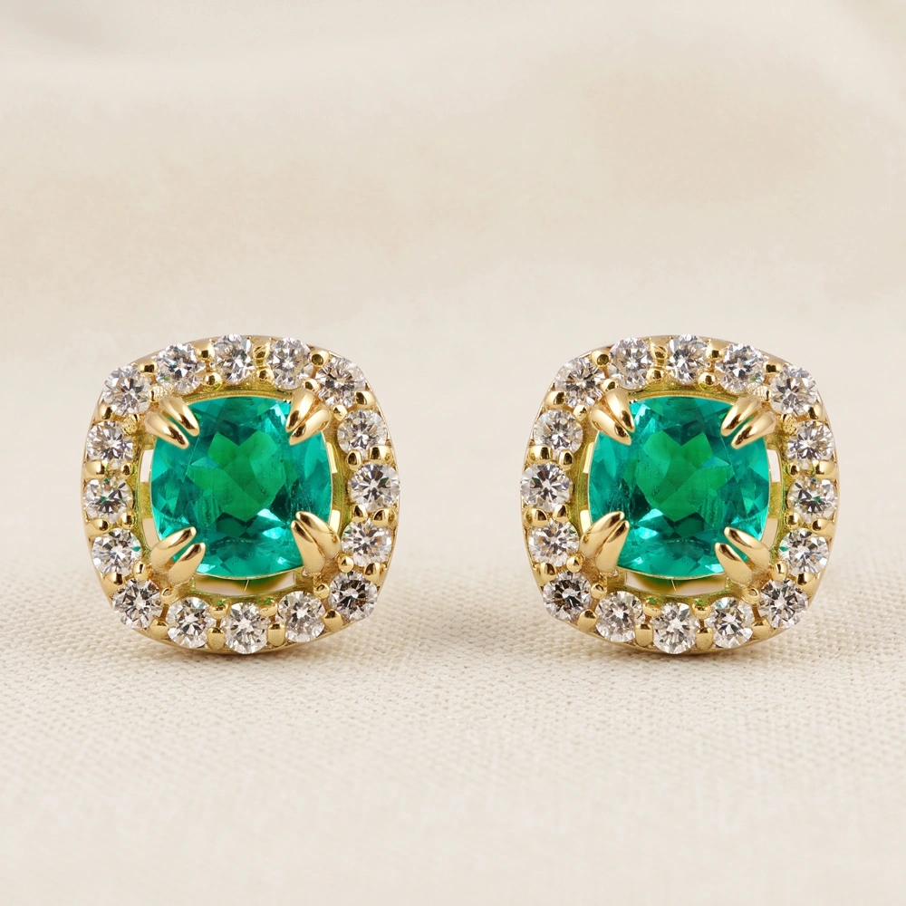 9Kt Yellow Gold Earrings with Lab Diamond, Columbia Emerald 9Kt Yellow Gold Earrings with Lab Diamond, Columbia Emerald