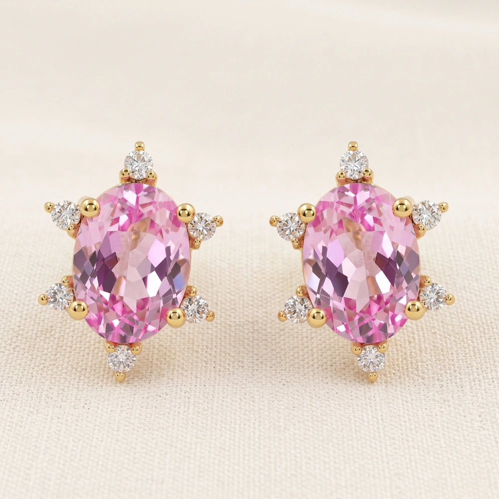 Lab Grown Padparadscha Sapphire Diamond Gold Studs Lab Grown Padparadscha Sapphire Diamond Gold Studs