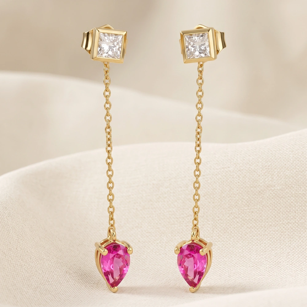 Lab Grown Hot Pink Tourmaline Diamond 9Kt Gold Earrings