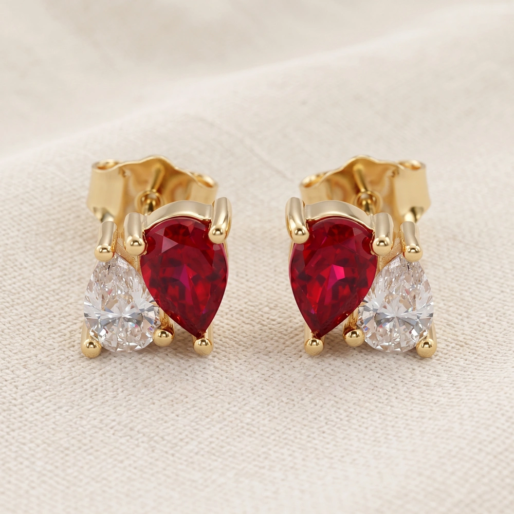 Gold Earrings with Lab Grown Diamond, Pigeon Blood Ruby