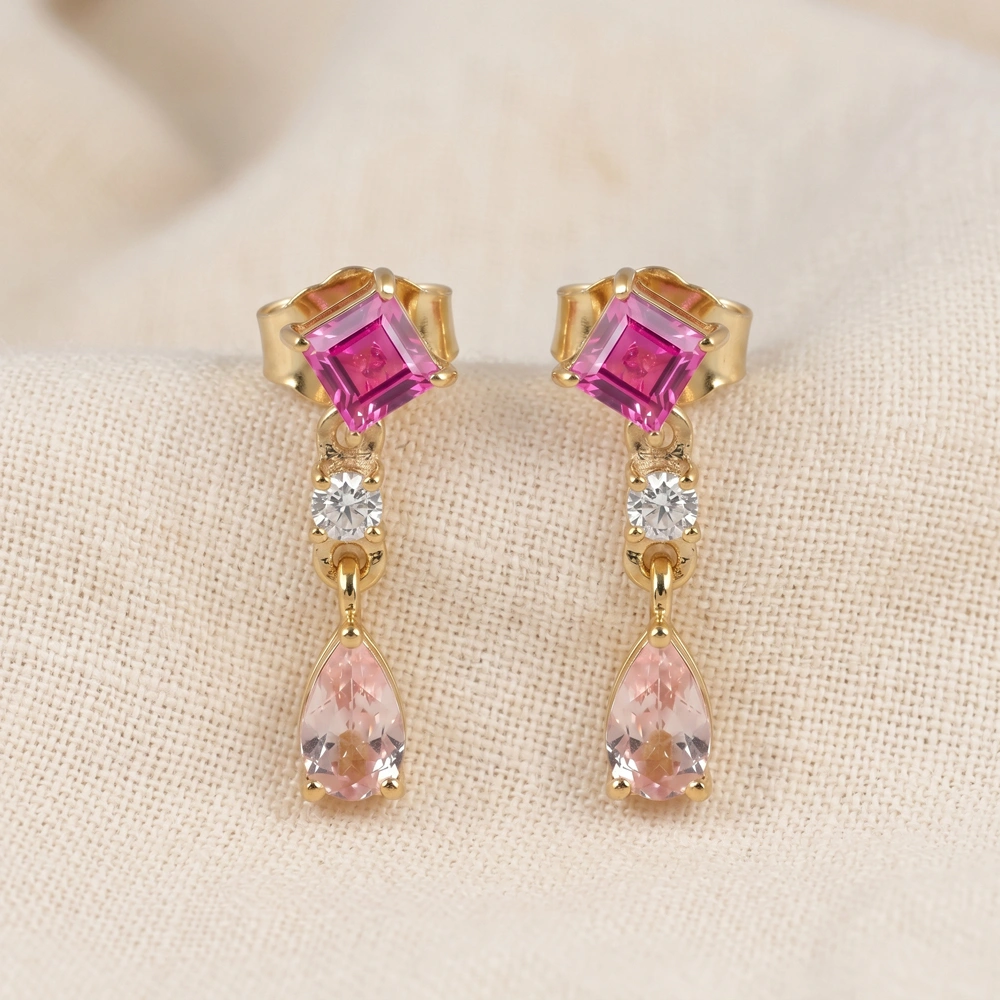 Lab Grown Hot Pink Tourmaline Diamond Gold Drop Earrings