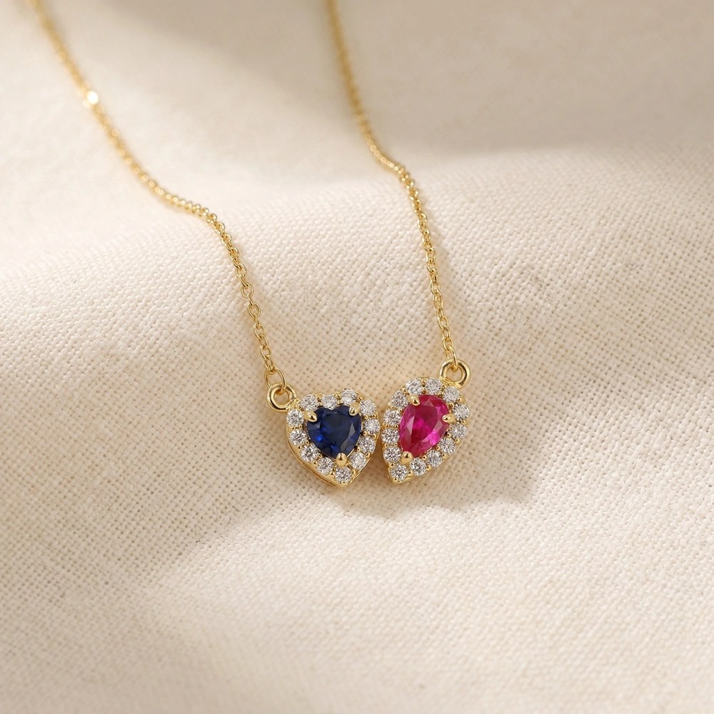 Lab Diamond Pink Tourmaline Blue Sapphire Gold Necklace Lab Diamond Pink Tourmaline Blue Sapphire Gold Necklace