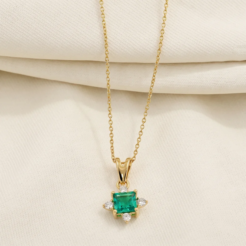 9Kt Gold Pendant with Lab Grown Diamond, Columbia Emerald 9Kt Gold Pendant with Lab Grown Diamond, Columbia Emerald