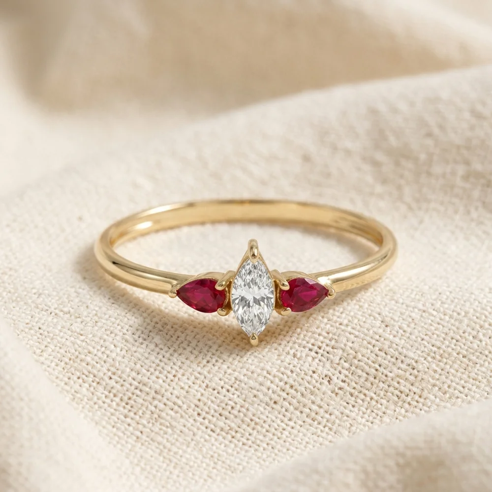 10Kt Gold Ring with Lab Grown Pigeon Blood Ruby, Diamond 10Kt Gold Ring with Lab Grown Pigeon Blood Ruby, Diamond