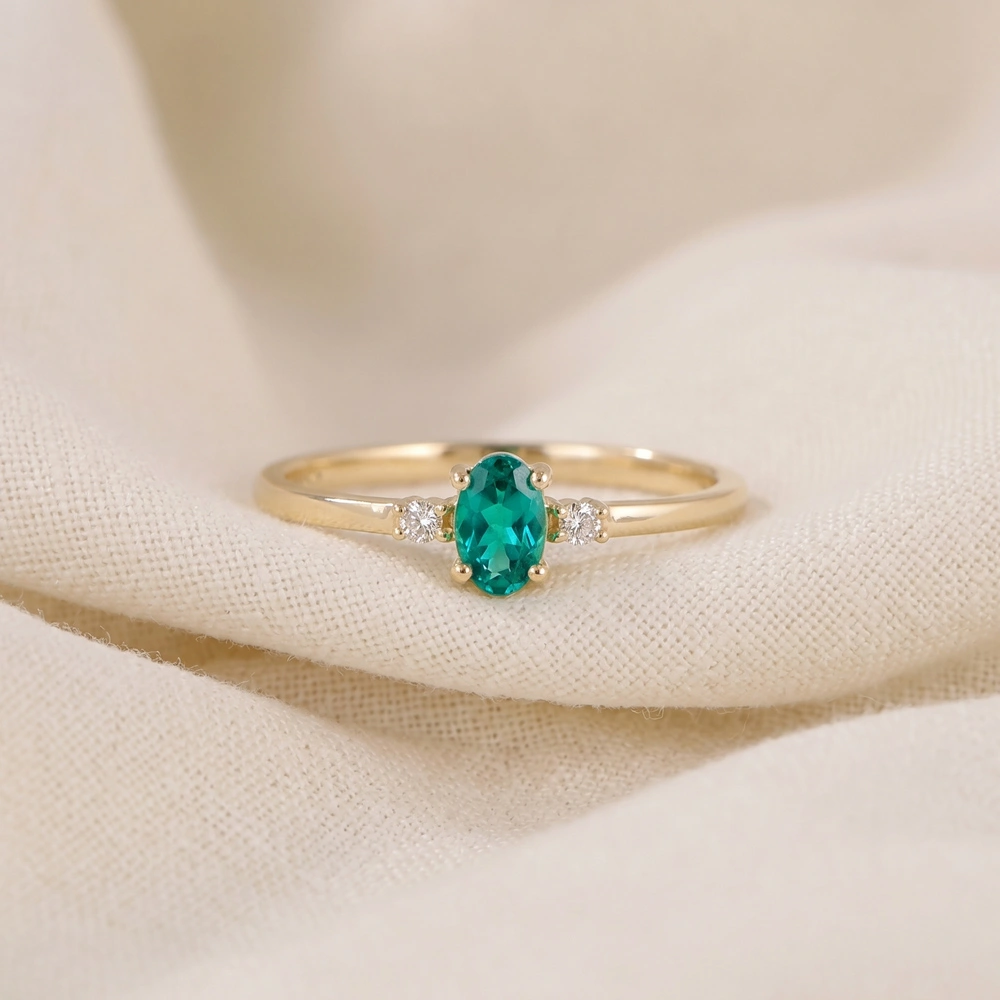 Gold Delicate Ring with Lab Grown Columbia Emerald, Diamond Gold Delicate Ring with Lab Grown Columbia Emerald, Diamond