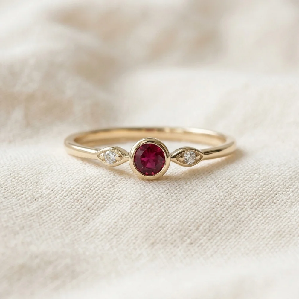 9Kt Yellow Gold Ring with Lab Diamond and Pigeon Ruby