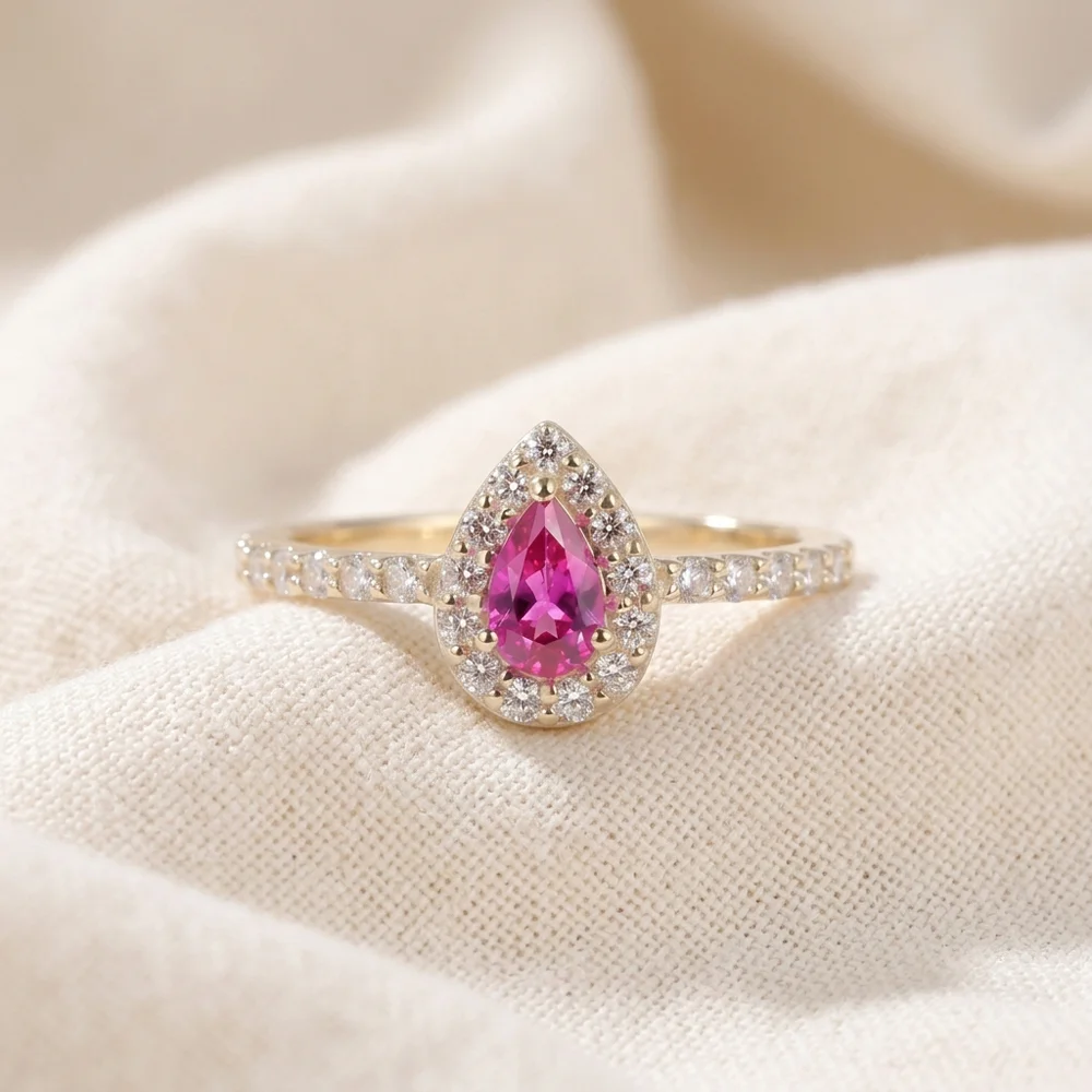 9Kt Yellow Gold Ring: Lab Grown Hot Pink Tourmaline, Diamond