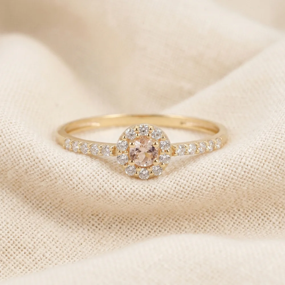 9Kt Yellow Gold Ring with Lab Grown Morganite and Diamond 9Kt Yellow Gold Ring with Lab Grown Morganite and Diamond