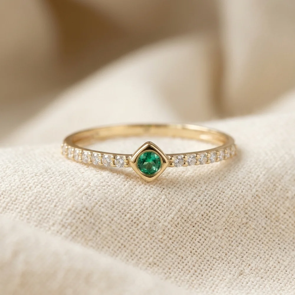 Solid Gold Ring with Lab Grown Columbia Emerald, Diamond Solid Gold Ring with Lab Grown Columbia Emerald, Diamond