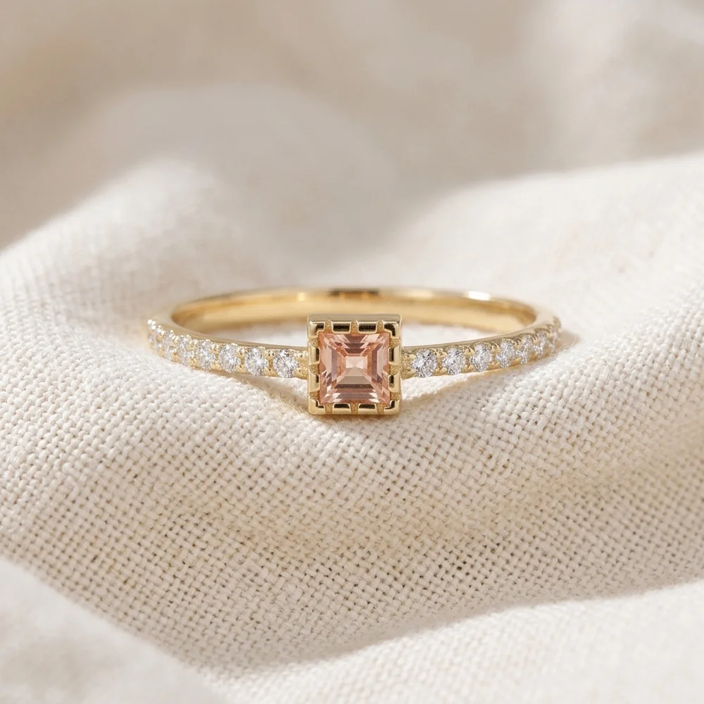 9Kt Solid Gold Ring with Lab Padparadscha Sapphire, Diamond 9Kt Solid Gold Ring with Lab Padparadscha Sapphire, Diamond