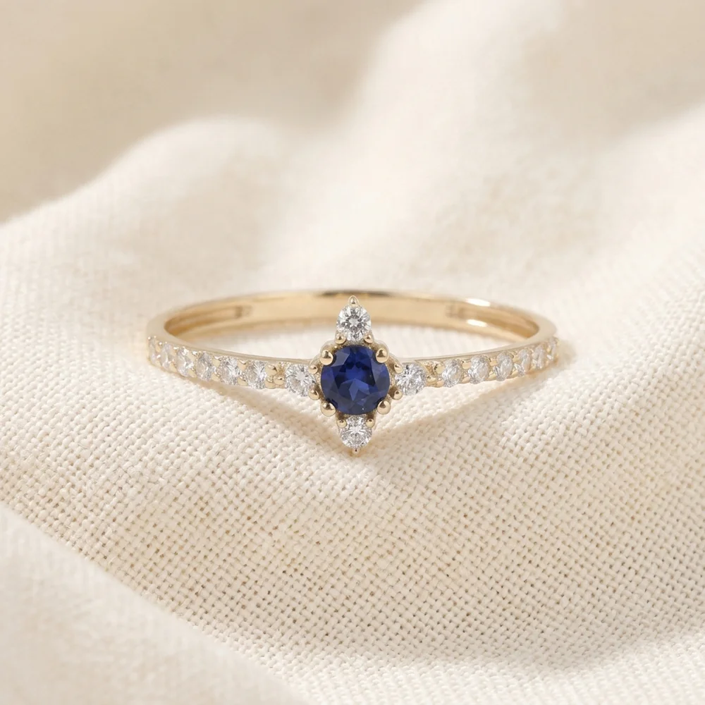 9Kt Yellow Gold Ring with Lab Grown Diamond, Blue Sapphire 9Kt Yellow Gold Ring with Lab Grown Diamond, Blue Sapphire
