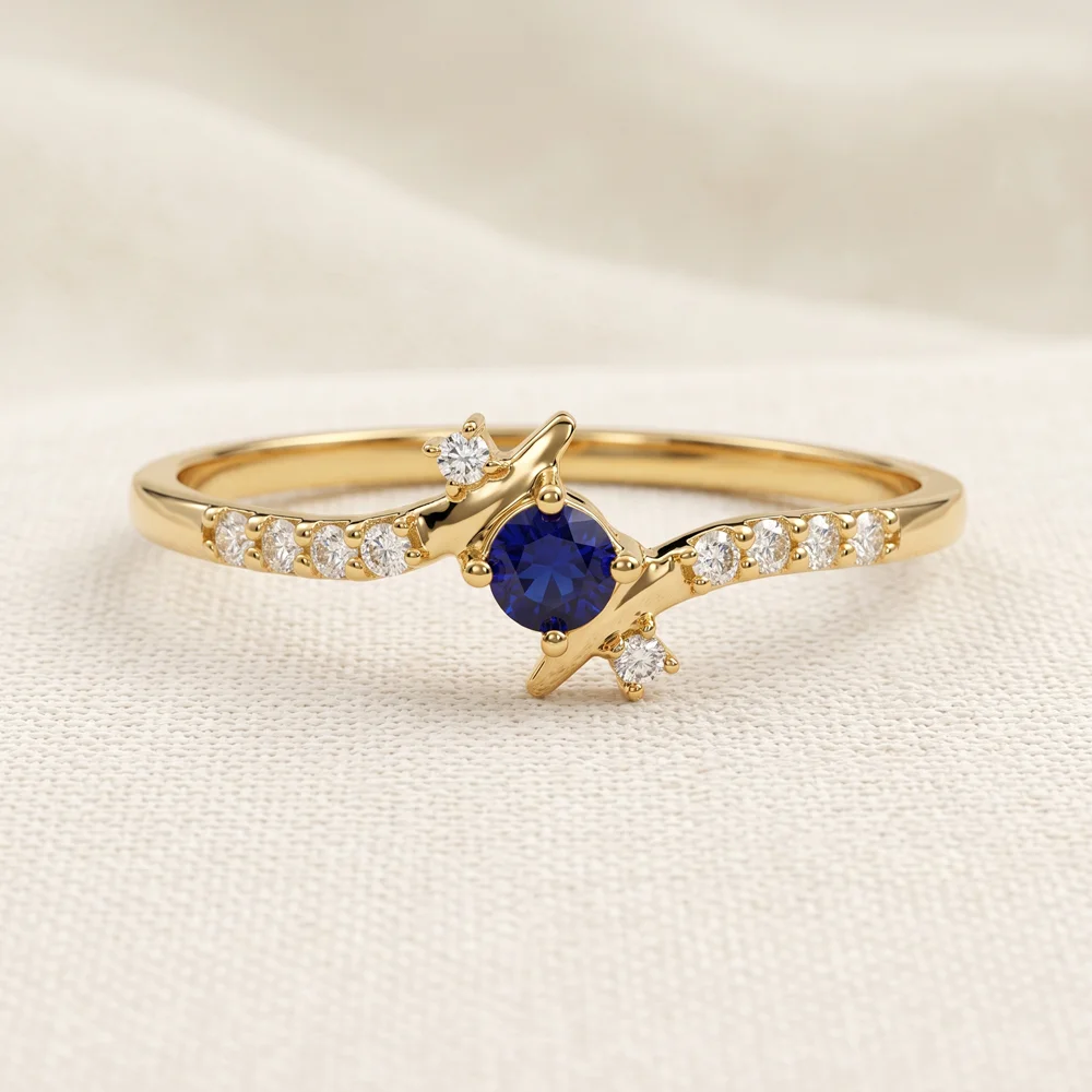 Gold Ring with Lab Grown Diamond, Royal Blue Sapphire Gold Ring with Lab Grown Diamond, Royal Blue Sapphire
