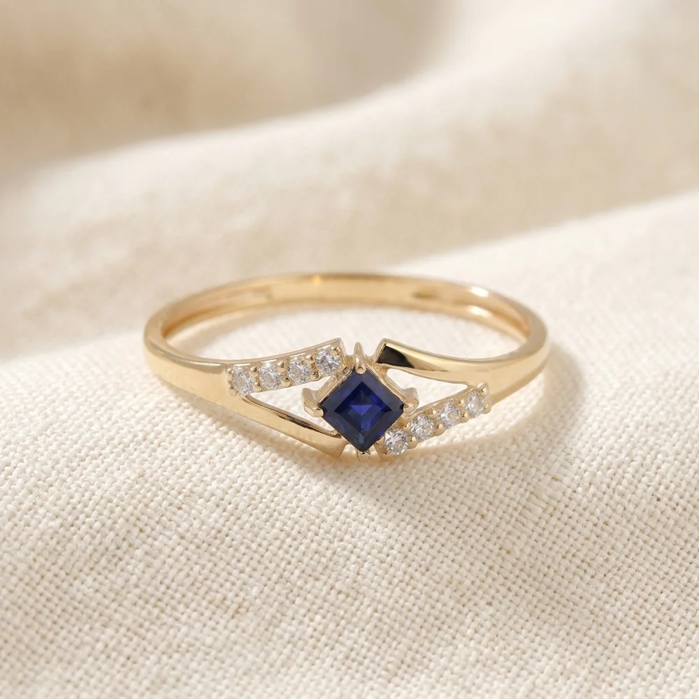 Solid Gold Ring with Lab Grown Royal Blue Sapphire, Diamond Solid Gold Ring with Lab Grown Royal Blue Sapphire, Diamond