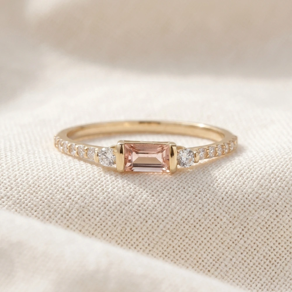 9Kt Solid Yellow Gold Ring with Lab Grown Diamond, Morganite