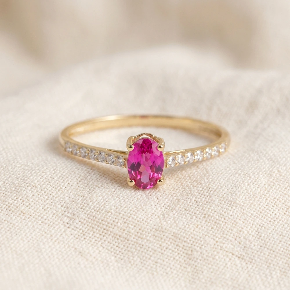 Yellow Gold Ring with Lab Grown Hot Pink Tourmaline, Diamond Yellow Gold Ring with Lab Grown Hot Pink Tourmaline, Diamond