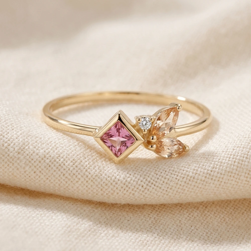 Lab Grown Diamond Padparadscha Sapphire Morganite Gold Ring Lab Grown Diamond Padparadscha Sapphire Morganite Gold Ring
