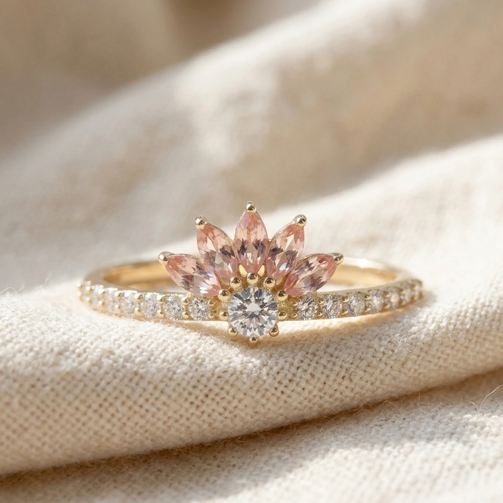 Yellow Gold Ring Lab Grown Padparadscha Sapphire and Diamond Yellow Gold Ring Lab Grown Padparadscha Sapphire and Diamond