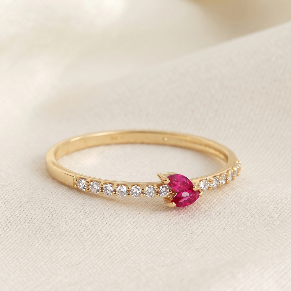 9Kt Gold Ring with Lab Grown Diamond, Pigeon Blood Ruby