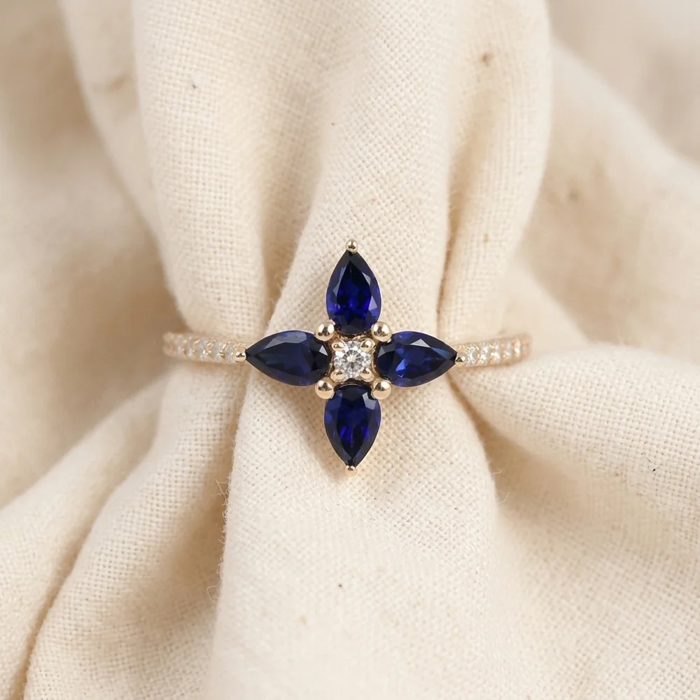 9 Karat Gold Ring Lab Grown Diamond, Royal Blue Sapphire 9 Karat Gold Ring Lab Grown Diamond, Royal Blue Sapphire