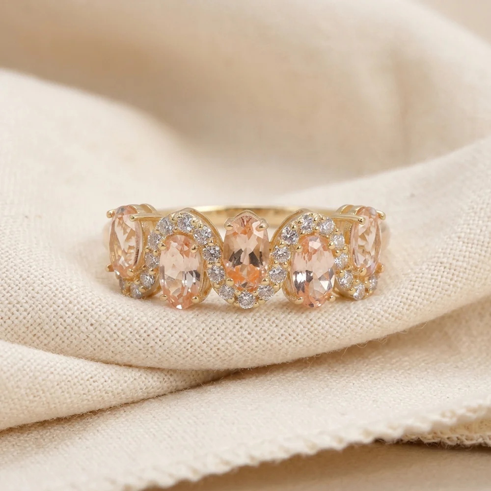 9Kt Yellow Gold Ring with Lab Grown Diamond, Morganite 9Kt Yellow Gold Ring with Lab Grown Diamond, Morganite