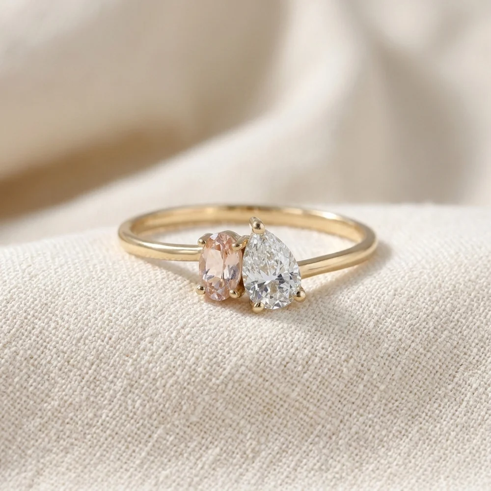 Handcrafted Gold Ring with Lab Grown Diamond and Morganite Handcrafted Gold Ring with Lab Grown Diamond and Morganite