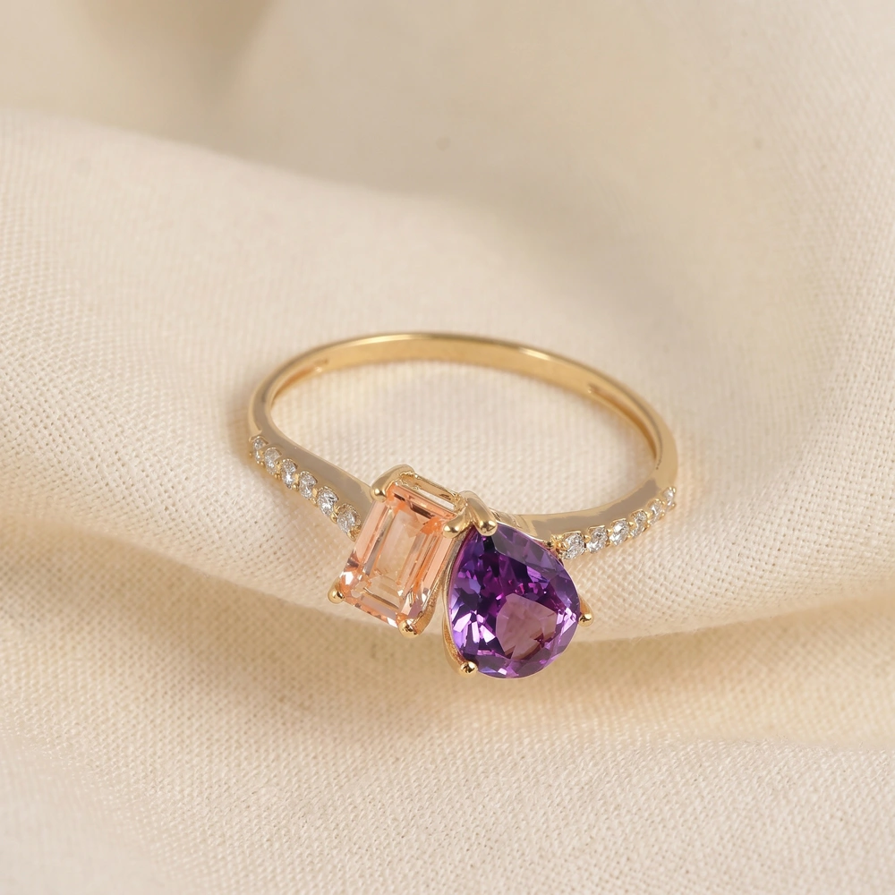 Lab Grown Diamond, Morganite and Alexandrite 9Kt Gold Ring Lab Grown Diamond, Morganite and Alexandrite 9Kt Gold Ring