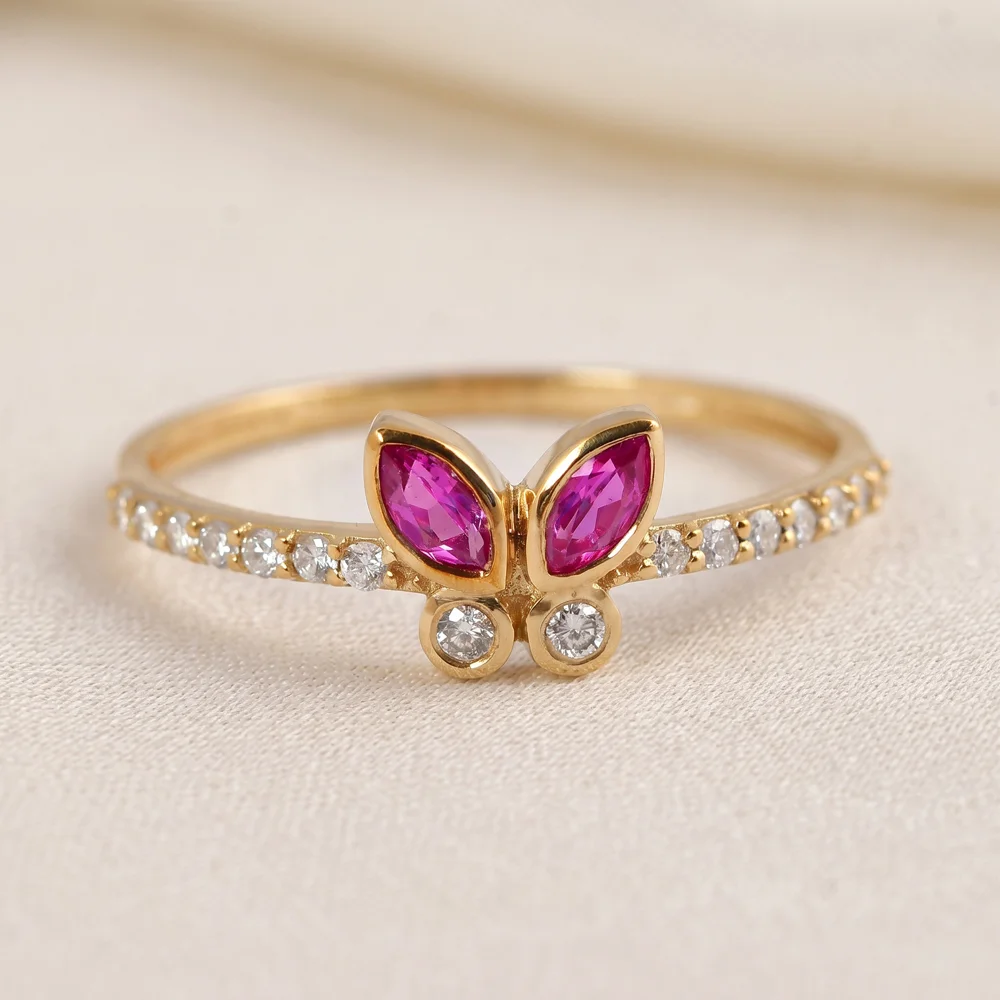 9 KT Gold Ring Lab Grown Diamond and Hot Pink Tourmaline
