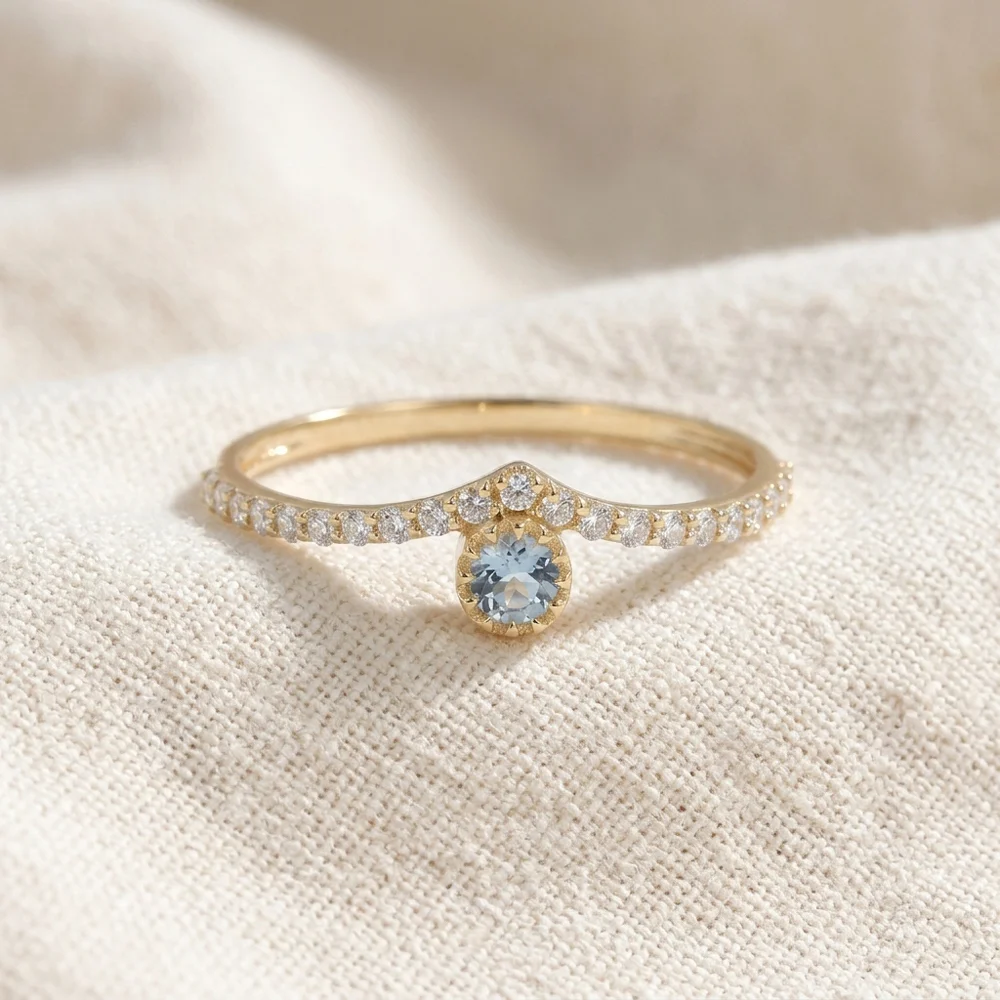 Lab Diamond 9 Karat Yellow Gold Aquamarine Ring Handcrafted Lab Diamond 9 Karat Yellow Gold Aquamarine Ring Handcrafted