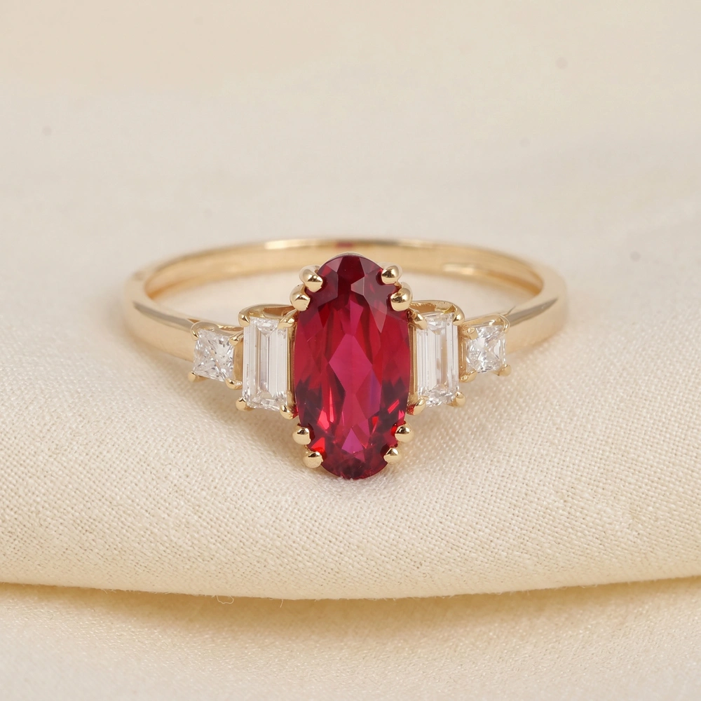 9Kt Yellow Gold Ring with Lab Diamond and Pigeon Blood Ruby 9Kt Yellow Gold Ring with Lab Diamond and Pigeon Blood Ruby
