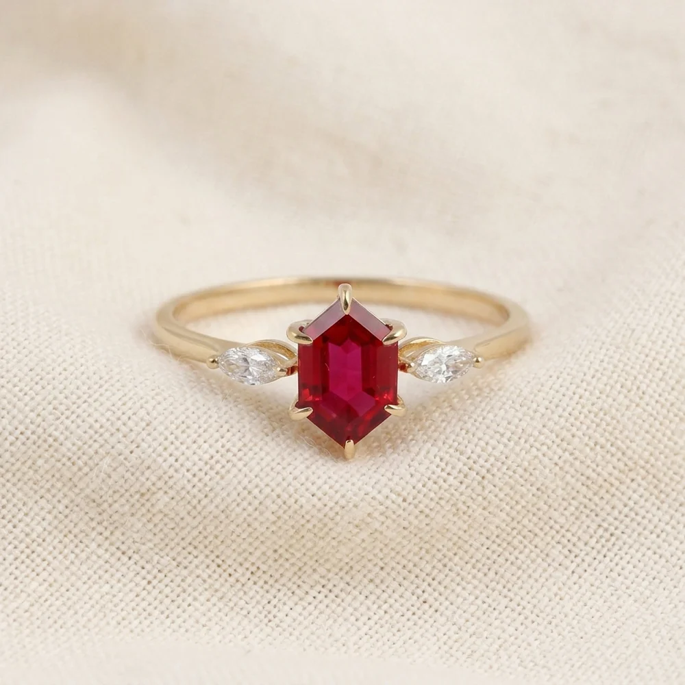 9Kt Gold Ring with Lab Grown Diamond and Pigeon Blood Ruby 9Kt Gold Ring with Lab Grown Diamond and Pigeon Blood Ruby