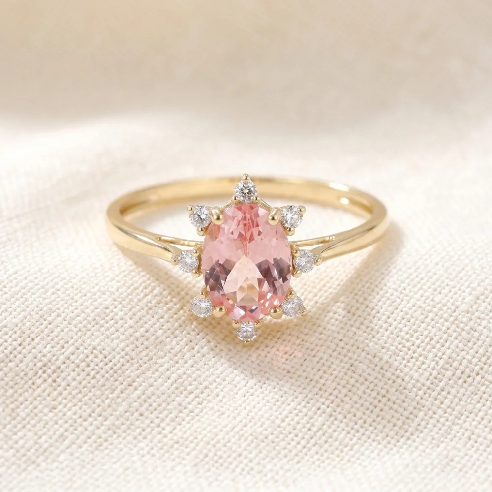 Certified Lab Grown Diamond, Padparadscha Sapphire Gold Ring Certified Lab Grown Diamond, Padparadscha Sapphire Gold Ring