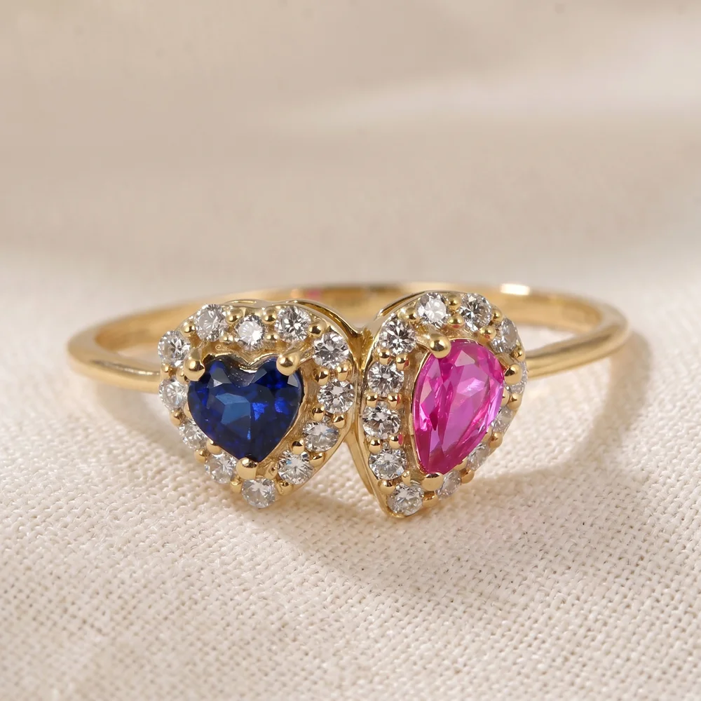 Lab Grown Diamond, Pink Tourmaline, Blue Sapphire Gold Ring Lab Grown Diamond, Pink Tourmaline, Blue Sapphire Gold Ring