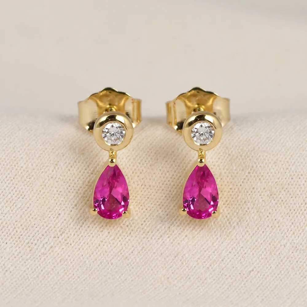 9Kt Gold Earrings with Lab Grown Diamond, Pink Tourmaline 9Kt Gold Earrings with Lab Grown Diamond, Pink Tourmaline