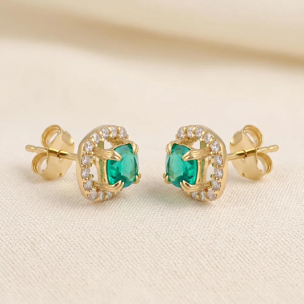 9Kt Yellow Gold Earrings with Lab Diamond, Columbia Emerald 9Kt Yellow Gold Earrings with Lab Diamond, Columbia Emerald