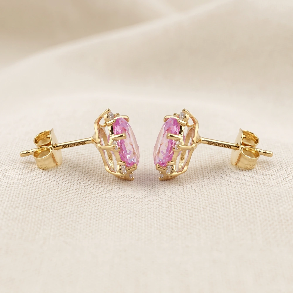 Lab Grown Padparadscha Sapphire Diamond Gold Studs Lab Grown Padparadscha Sapphire Diamond Gold Studs