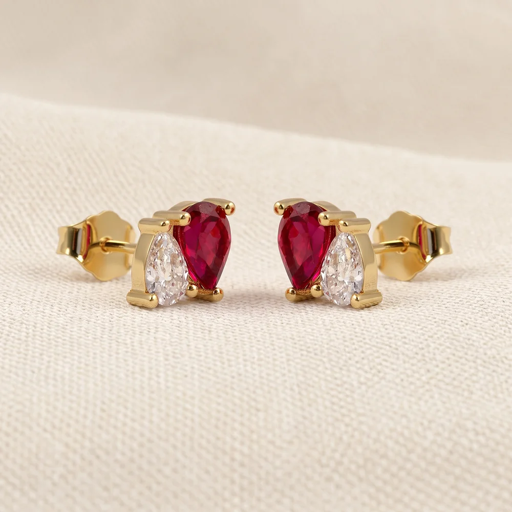 Gold Earrings with Lab Grown Diamond, Pigeon Blood Ruby
