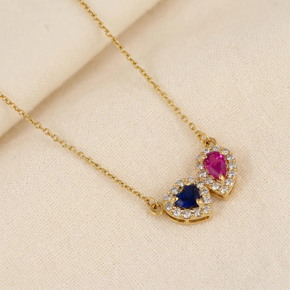 Lab Diamond Pink Tourmaline Blue Sapphire Gold Necklace Lab Diamond Pink Tourmaline Blue Sapphire Gold Necklace