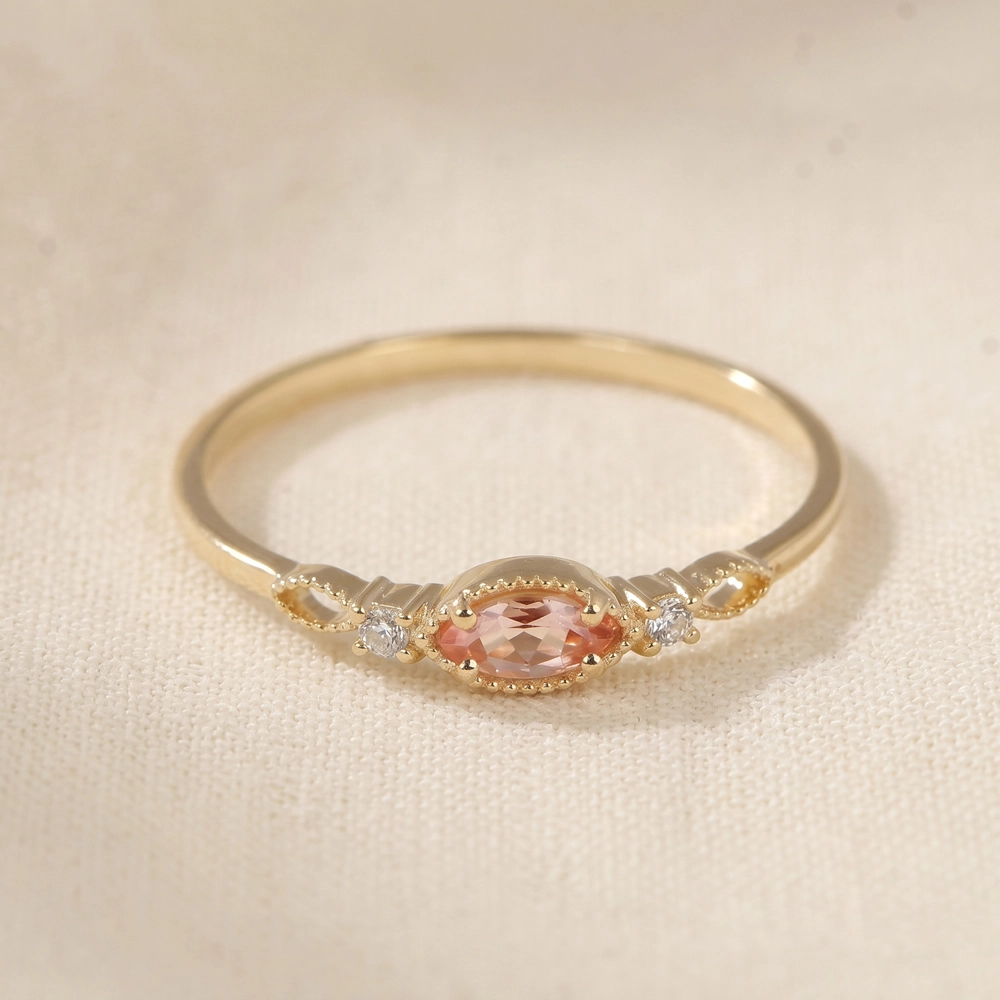 9K Gold Ring With Lab Grown Padparadscha Sapphire, Diamond 9K Gold Ring With Lab Grown Padparadscha Sapphire, Diamond