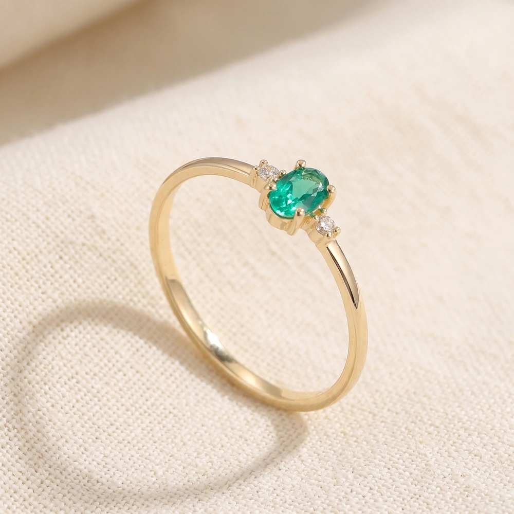 Gold Delicate Ring With Lab Grown Columbia Emerald, Diamond Gold Delicate Ring With Lab Grown Columbia Emerald, Diamond