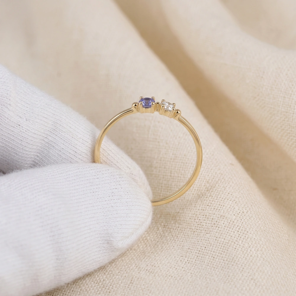 14Kt Yellow Gold Delicate Ring With Tanzanite And Diamond